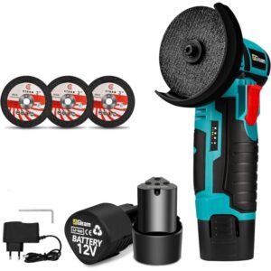 Mini polizor flex unghiular portabil 7STAR ® 2 acumulatori 12V, 750W, 1500 mAh, 19500 rpm, 2 discuri 76 mm, soft start, autonomie mare, design modern, Verde/Negru