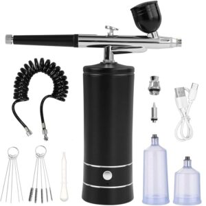 Set aerograf Airbrush portabil cu compresor si furtun detasabil HASEPE, pulverizator de mana, Duza 0.3mm, fara fir, pentru manichiura, pictura corp, tatuaj semipermanent, ornare...